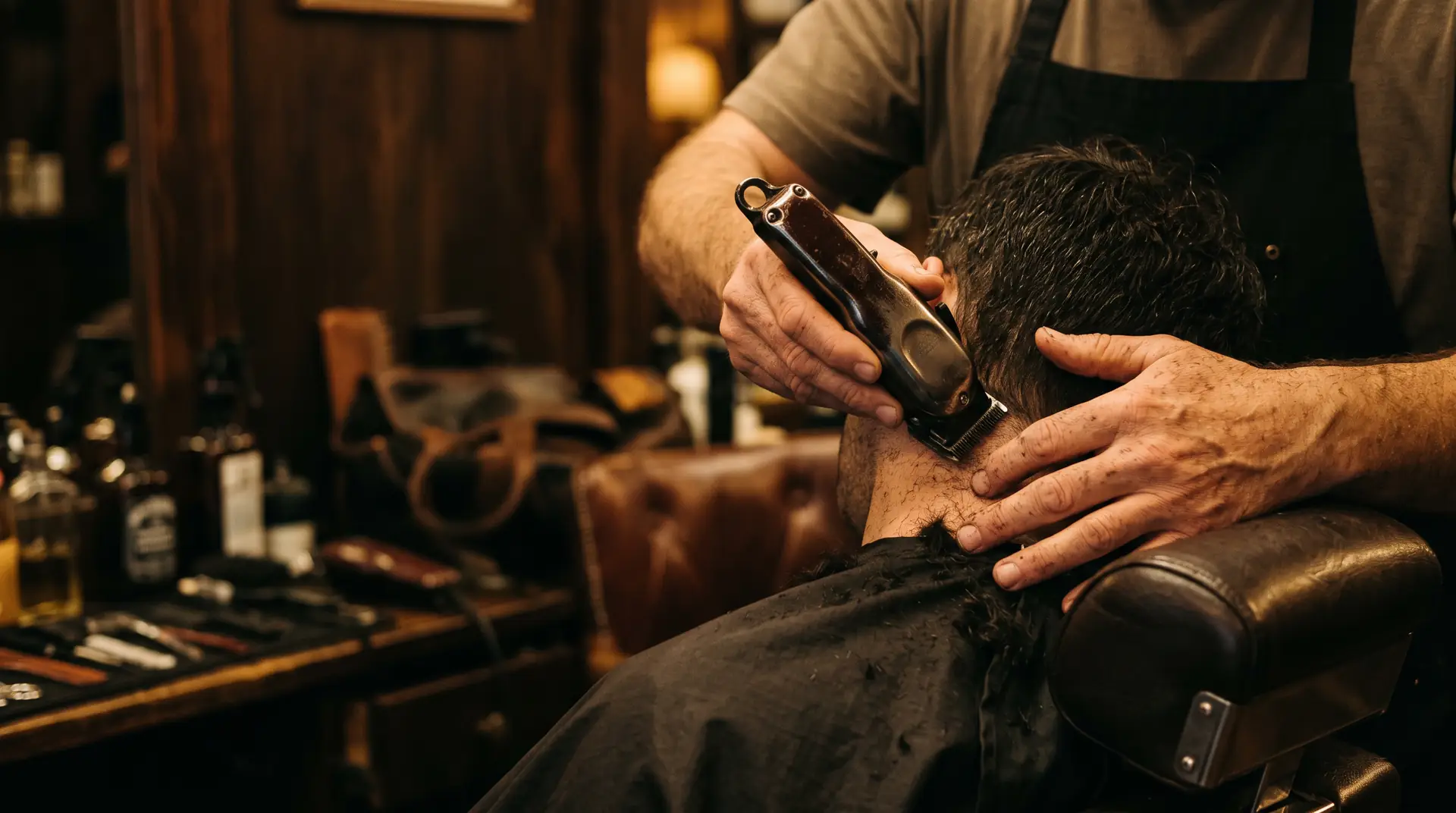 A barber tidying a client's neckline with clippers in an Australian barbershop