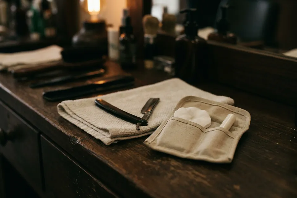 Open straight razor resting on a folded towel beside a tool roll on a barber's bench